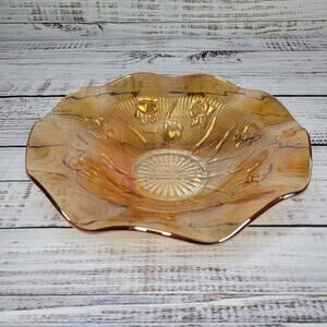 Vintage Carnival Glass Iris and Herringbone Scalloped Edge Bowl Large